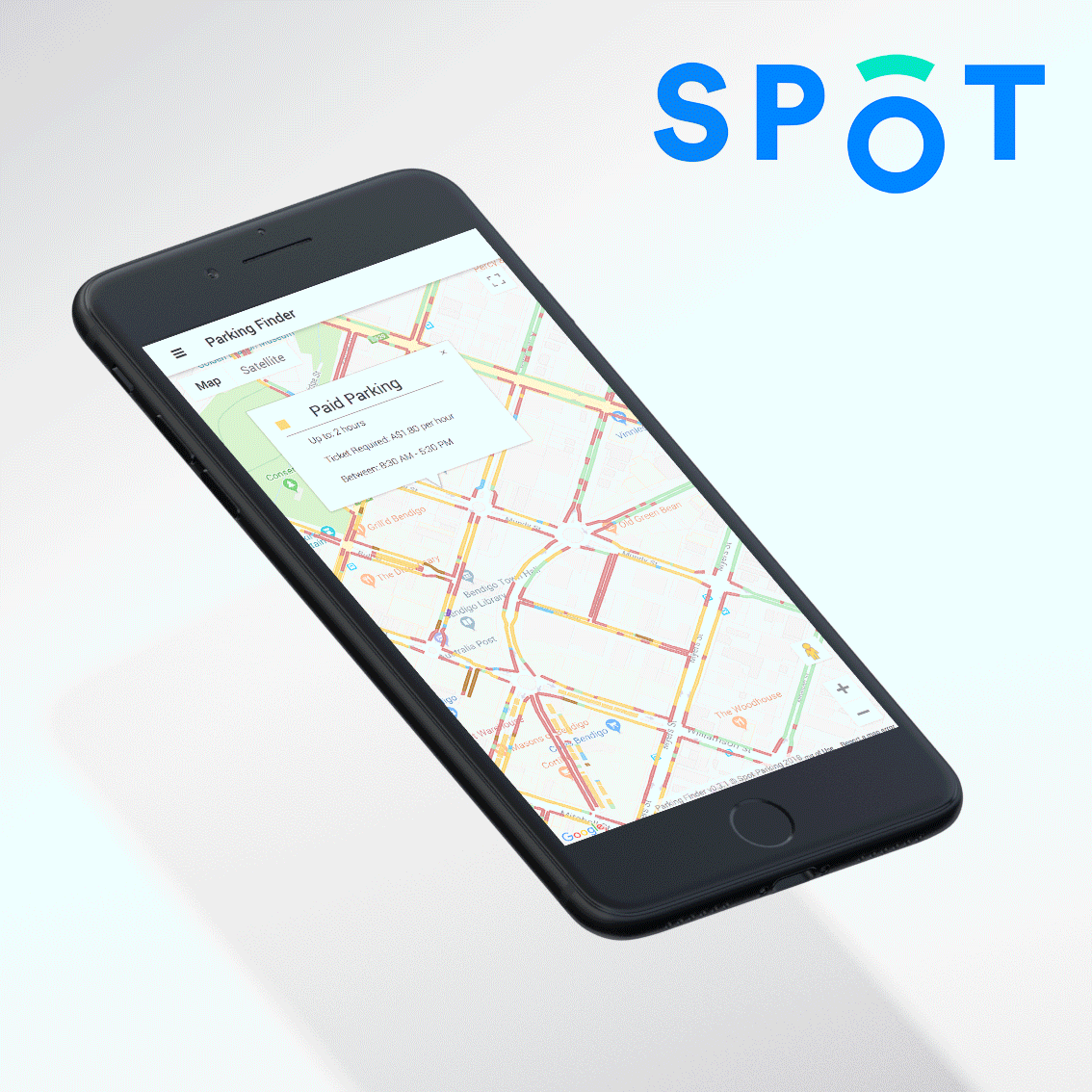 Illustration of the Spot Parking app displayed on a smartphone.